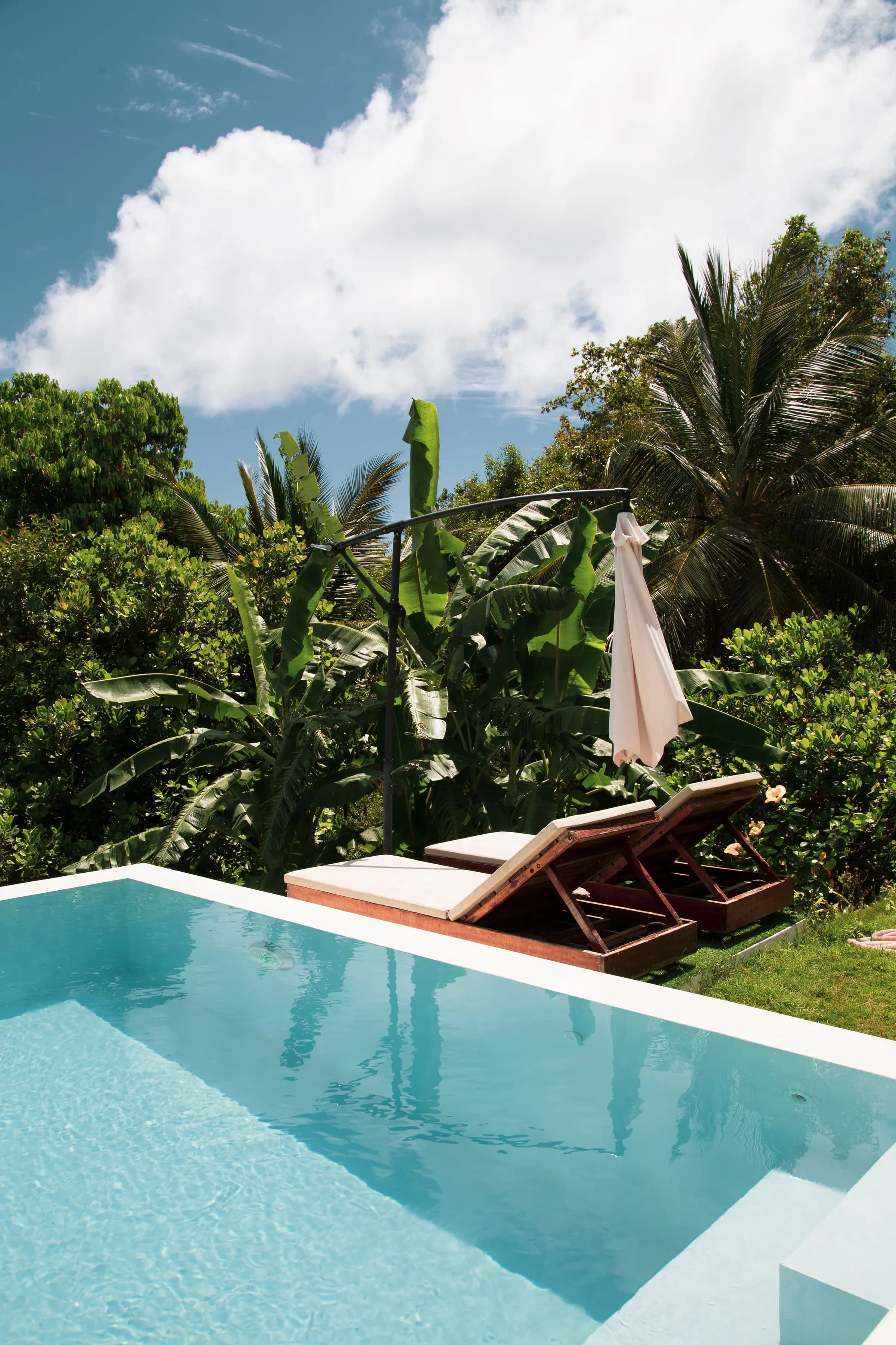 Sun loungers beside a tropical pool