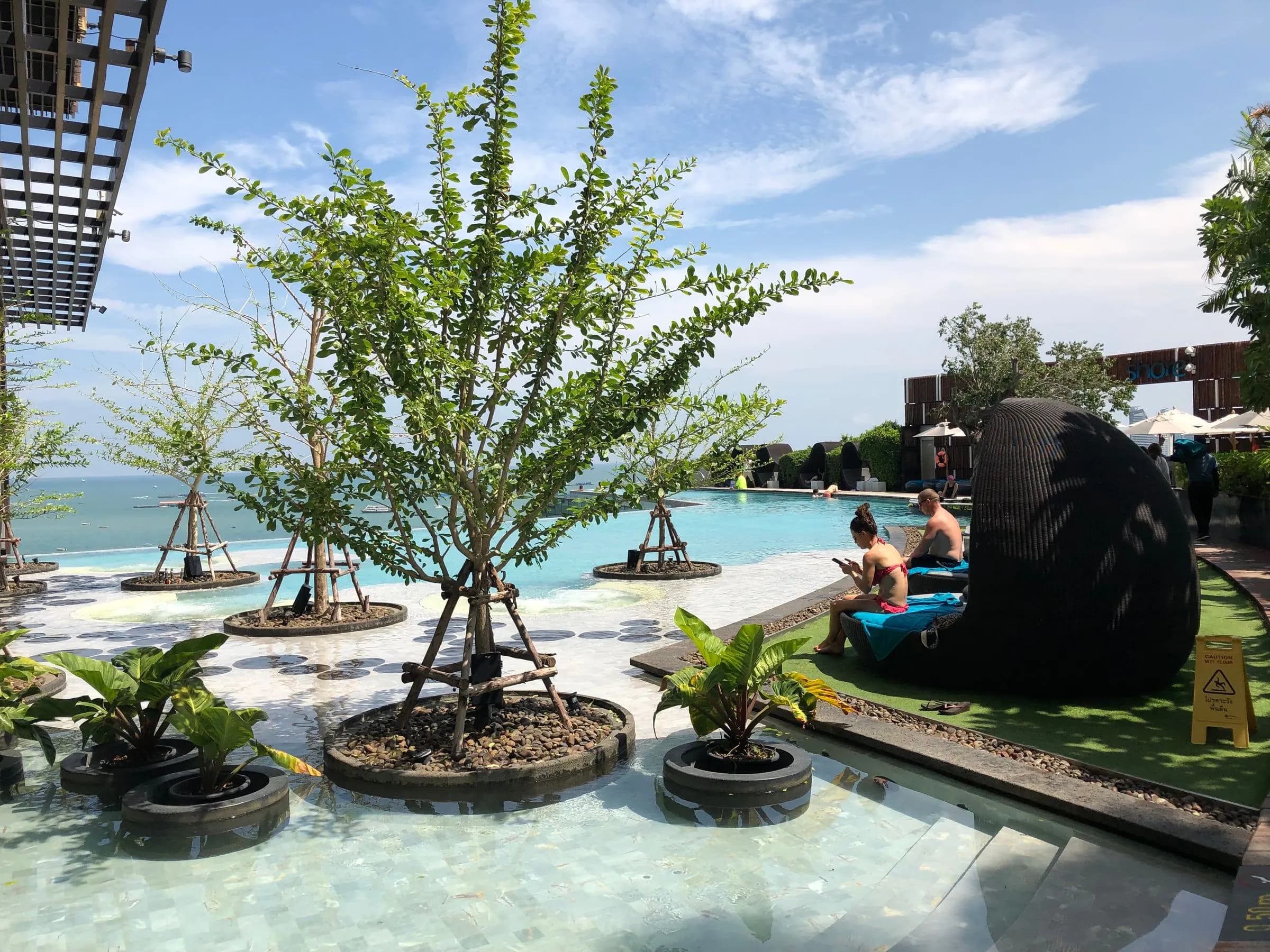 Resort pool shaded by a tree with a sea view