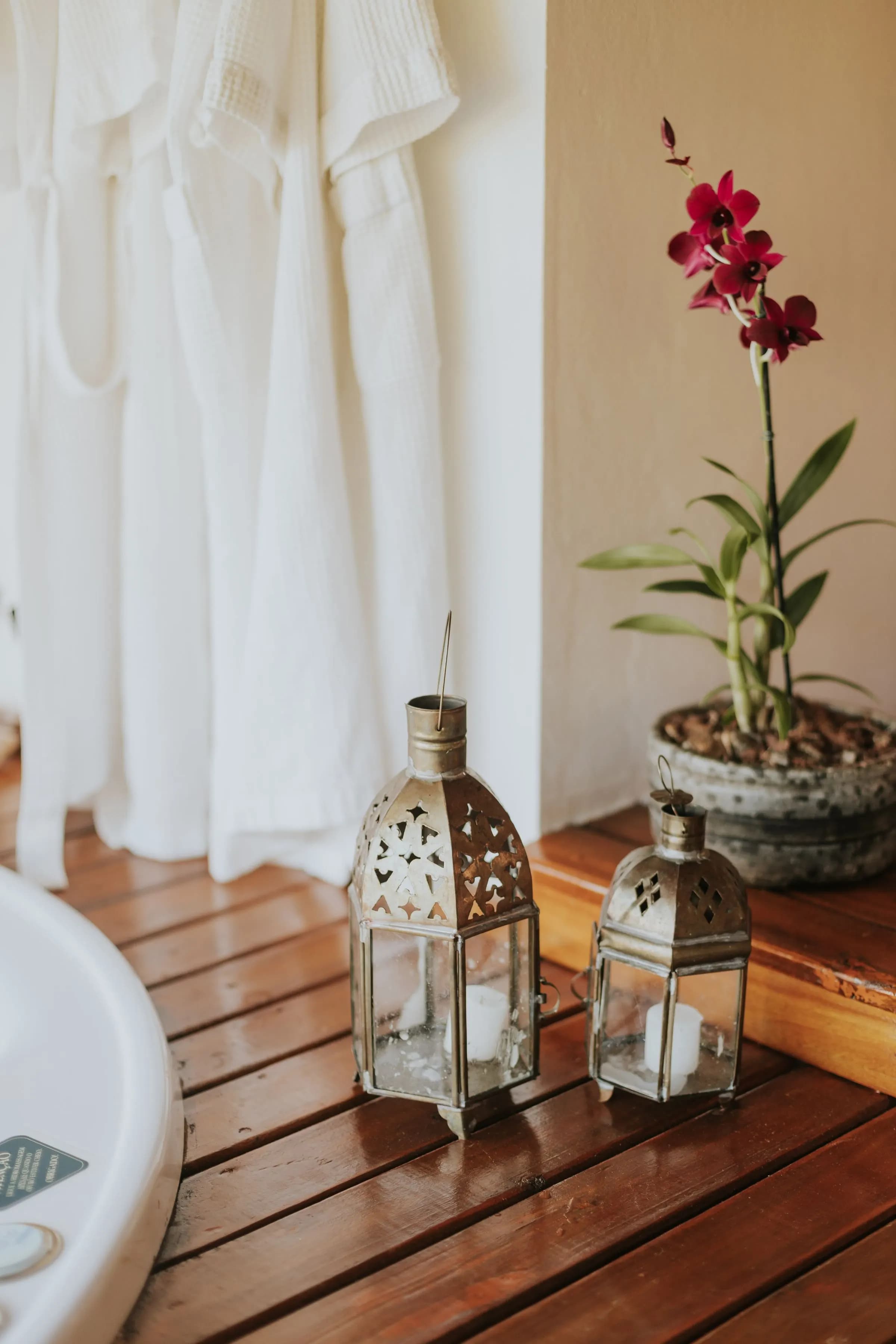 Lanterns and an orchid in a spa